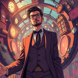 arrogant elegant man travels through time via steampunk portals, pixiv fanbox, dramatic lighting, maximalist pastel color palette, splatter paint, pixar and disney exploded - view drawing, graphic novel by fiona staples and dustin nguyen, peter elson, alan bean, wangechi mutu, clean cel shaded vector art, trending on artstation