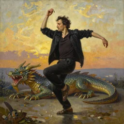Adrian Brody hula dancing while smoking a joint on the back of a dragon oil on canvas, golden hour, artstation, by J.C. Levendecker and Peter Paul Rubens
