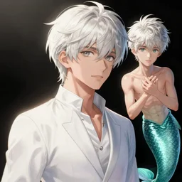 young teen bishonen male white haired prince! scrawny white haired merman! pierre joubert, french comic art, semi - realistic anime, portrait, beautiful face, symmetrical face, trending on pixiv, detailed, clean lines, sharp lines, crisp lines, award winning illustration, masterpiece, 4 k