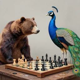 bear playing chess against a peacock, drawing by mc escher, hyper realistic, realistic drawing, 8 k