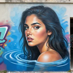 water goddess as a graffiti mural by lee, spray paint, masterpiece, trending on artstation