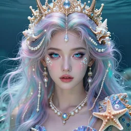 “ blake lively portrait, fantasy, mermaid, hyperrealistic, highly detailed, cinematic lighting, pearls, glowing hair, shells, gills, crown, water, highlights, starfish, goddess, jewelry, realistic, digital art, pastel, magic, fiction, ocean, game, queen, colorful hair, sparkly eyes, beautiful bone structure, perfectly symmetrical face, perfect eyes, intricate ”