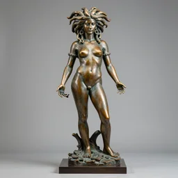painted bronze sculpture of medusa, full body and podium, many tattoos, professional photography, imposing
