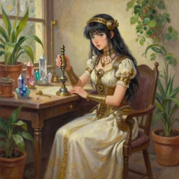 middle eastern scifi alchemist in a well lit study with crystals and potted plants, wearing a lovely dress with steampunk details. this oil painting by the award - winning mangaka has an interesting color scheme and impeccable lighting.