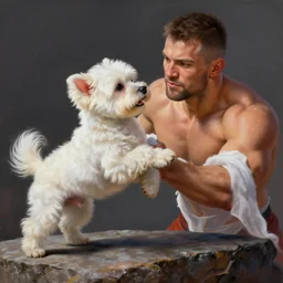 small white dog fighting the rock at wwe, fantasy, high detail, elegant, digital painting, cinematic lighting, vibrant, intricate, textured skin, highly detailed, artstation, sharp, focus, hdr, unreal engine 5, breathtaking, illustration, anna dittmann, ilya kuvshinov, nikolay makovsky