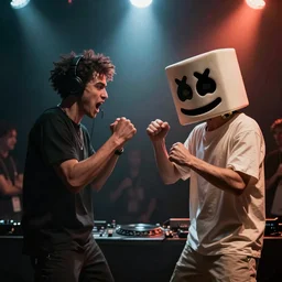 deadmau5 fighting Marshmello, dramatic light