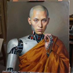 robot monk painting a self - portrait on a canvas. intricate, highly detailed, photorealistic, film still, by vdragan bibin.