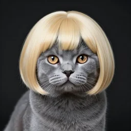 professional photo of a blue cat, blonde wig, short hair wig, studio lighting, very detailed, unreal engine, canon photo, professional lighting, good composition, winning award photo, real cat, real,