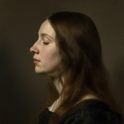A woman's profile with long hair and closed eyes by Hendrick ter Brugghen and Richard Avedon. masterpiece!!. hq. ultra detailed. realistic!. moody. cinematic. Color photography. portra 400.