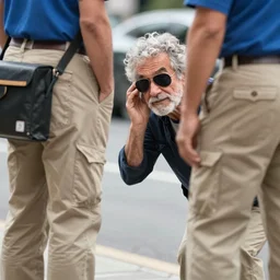 an old man with curly gray hair wearing dark aviator sunglasses spying on a mail man wearing khaki pants