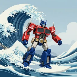 g 1 optimus prime surfing a tsunami wave by hokusai