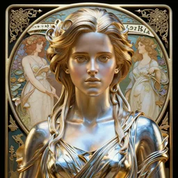 highly detailed vfx portrait of emma watson as sculpture, stephen bliss, unreal engine, chrome reflect, greg rutkowski, tom bagshaw, alphonse mucha, global illumination, detailed and intricate environment