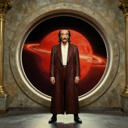 the full body shot of arrogant salvador dali in the role of emperor of universe | porthole in the wall of palace with on the view on red planet | still frame from the prometheus movie by ridley scott with cinematogrophy of christopher doyle and art direction by hans giger, anamorphic bokeh and lens flares, 8 k, higly detailed masterpiece