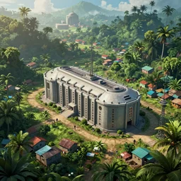 small futuristic maximum security prison in jungle surrounded by many poor slums, tropical climate, award winning, video game concept art, scifi, rural dystopian, UE5