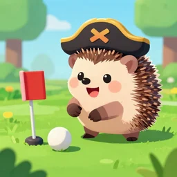 hedgehog playing golf in sea of thieves, hedgehog wearing a pirate hat, cute, colourful, happy, adorable