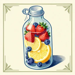 ( ( dither ) ), editorial illustration strawberries blueberries sliced lemon inside a clear drinking bottle, isometric, modern art deco, ( ( mads berg ) ), christopher balaskas, victo ngai, rich grainy texture, detailed, dynamic composition, wide angle, matte print, art nouveau, unreal engine