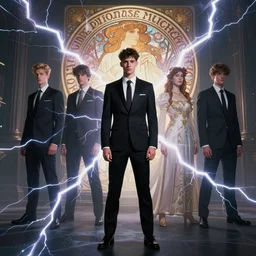 character concept, wide angle, full body, symmetrical head - on centralized, young man with formal black suit. detailed, high quality, dynamic lightning, fantasy, scenematic. artwork by artgerm, wlop, alex ross, greg rutknowski, alphonse mucha