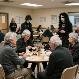 mosh pit of elderly goth people at a nursing home