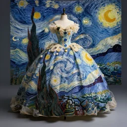 Stunning picture of a magnificent ball gown designed by Vincent Van Gogh. Studio lighting