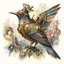 a beautiful insanely intricate watercolor illustration of steampunk bird, reflexions, colorfull, by william turner art, by greg rutkowski, by james jean, by rossdraws, by frank frazetta, by sakimichan, by edmund dulac, trending on artstation, insanely detailed, masterpiece, steampunk aesthetic