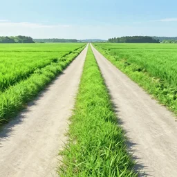 rural country road with grass growing in - between paths, in the style of haibane renmei, crisp and sharp, volumetric lighting, 4 k