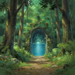 portal to the future in a forest lake, digital art, artstation, studio ghibli