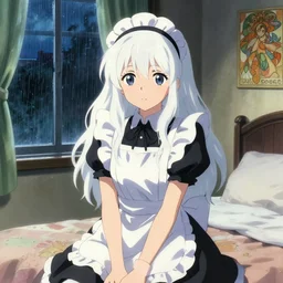a girl in a maid's outfit in the bedroom a night, raining outside the window, wavy white long hair, by krenz cushart and mucha and akihito yoshida and greg rutkowski and makoto shinkai, detailed eyes, 4 k resolution