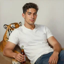 painting portrait of a ( ( ( una cerveza ) ) ), ( ( guapo joven cuban macho with a tiger head lounging ) ), nubes y magia, la luna, parrot, concept character, by greg rutowski and tezuka and oi and mucha and bierstadt and remington, trending on artstation