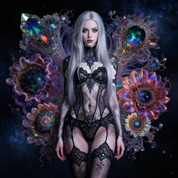 rei ayanami, stockings, bra, lace, deep space, seascape, grimes, lain iwakura, silver hair, masterpiece by shikinami asuka langley, ernst haeckel, cosmos, psychedelic flowers, black opal, rainbow aura quartz, organic, oni compound artwork, of character, render, artstation, portrait, wizard, beeple, art, fantasy, epcot,