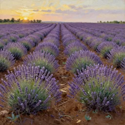 a field of purple lavender flowers growing on fertile brown soil, during golden hour, wide angle, oil painting by thomas cole, realistic, romantic period