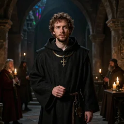 jesse eisenberg as an enigmatic medieval christian ( ( monk ) ) in a dark underground city. dark shadows, colorful, candle light, law contrasts, ( ( studio light ) ) ) fantasy portrait by jakub rozalski, jan matejko, and j. dickenson
