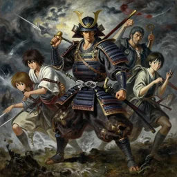 baroque oil painting of key visual samurai war, storm, brutalist fantasy, fake detail, trending pixiv fanbox, acrylic palette knife, style of makoto shinkai takashi takeuchi yoshiyuki sadamoto greg rutkowski chiho aoshima, artstation