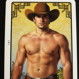 tarot card of a handsome shirtless cowboy | dad bod, homoerotic, art deco, art nouveau | by louis comfort tiffany and alphonse mucha | trending on artstation