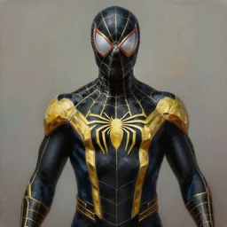 photorealistic, hyperdetailed, oil painting, of a black and gold, spider - man suit, by greg rutowski, by stanley artgerm