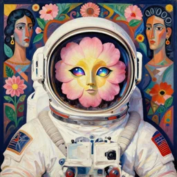 beauteous dark astronaut wearing helmet in a flower mask with iridescent eyes. bright pastel colors. by annie swynnerton and elihu vedder and lucien freud and jean delville and diego rivera. symbolist. dramatic lighting. elaborate geometric ornament. flowers and leaves. art brut. sharp focus. extremely detailed. adolf wolfli. nicholas roerich