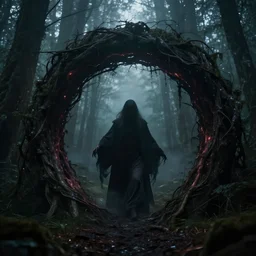 photo of a mystical figure in a dark misty forest opens a portal to hell, highly detailed, dark fantasy, ultrarealistic, cinematic lighting