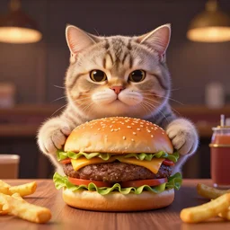 a cat / burger hybrid, with fries, volumetric lighting, 4 k