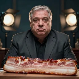 low angle close - up of haunting viktor orban sitting behind a table full of bacon, bokeh, studio lighting by lee jeffries