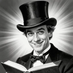 strange man with a smirk, top hat, book illustration, black and white