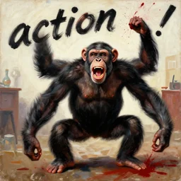 chimpanzee raging, screaming, blood flying, screaming, on the house set of a sitcom, painting by phil hale, fransico goya, david lynch,'action lines '!!!, graphic style, visible brushstrokes, motion blur, blurry