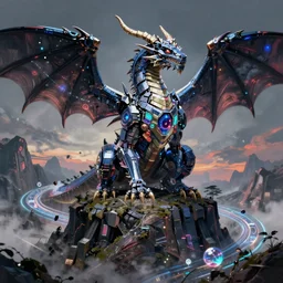 a huge techno dragon sit on a mountain, landscape, science fiction fantasy, digital painting bioluminance alena aenami artworks in 4 k design by lois van baarle by sung choi by john kirby artgerm style pascal blanche and magali villeneuve