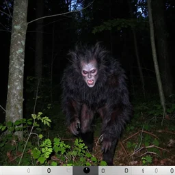 a wendigo in a forest at night, caught on a trail camera, trailcam