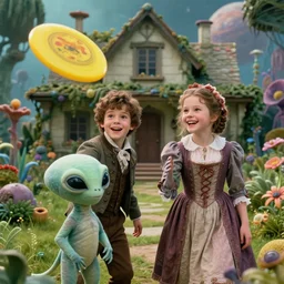 detailed, sharp, a boy and a girl playing frisbee with their cute pet humanoid alien creature, wearing 1850s era clothes, all smiling, in the garden of a house on an alien planet with strange alien plants and flowers growing, extremely highly detailed, in focus faces, 70 mm still from a blockbuster period sci fi color movie, 4k, HD, cinematic lighting
