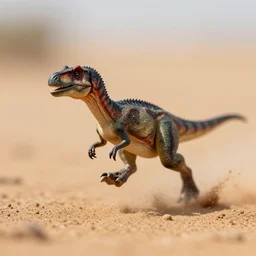 action photography, viewed from far away, award winning macro photo of a tiny ultra detailed dinosaur running fast in desert sand, dirt and dust, fast shutter speed, motion blur, tiny gaussian blur, highly detailed, highly intricate, depth of field, national geographic