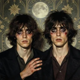 two handsome but sinister young men in layers of fear, with haunted eyes and wild hair, something terrifying is happening behind them, 1 9 7 0 s, seventies, wallpaper, a little blood, moonlight showing injuries, delicate embellishments, painterly, offset printing technique, by brom, robert henri, walter popp