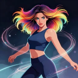 a award winning half body portrait of a beautiful woman with stunning eyes in a croptop and leggings with rainbow colored ombre hairstyle head in motion and hair flying while dancing by thomas danthony, surrounded by whirling illuminated lines, outrun, vaporware, shaded flat illustration, digital art, trending on artstation, highly detailed, fine detail, intricate
