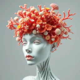biomechanical beautiful porcelain ivory woman, close - up, sharp focus, studio light, iris van herpen haute couture coral flower cyberpunk headdress made of rhizomorphs, brackets, colorful corals, fractal mushrooms, puffballs, octane render, ultra sharp, 8 k