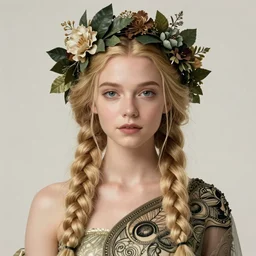 portrait anya taylor-joy, long blond braided hair with floral crown, dark green leaves, intricate, elegant, highly detailed, artstation, concept art, smooth, sharp focus, illustration, bouguereau, rutkowski, mucha