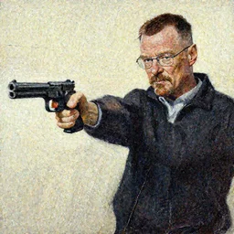walter white holding gun, painting by phil hale, francisco goya,'action lines '!!!, graphic style, visible brushstrokes, motion blur, blurry