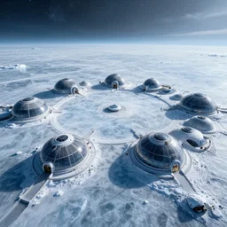 a space colony on a icy planet with a frozen lake in the middle, the buildings being mostly domes